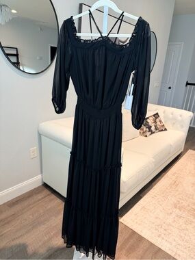 1. State Black Off-Shoulder Maxi Dress with Smocked Waist and Sheer Sleeves